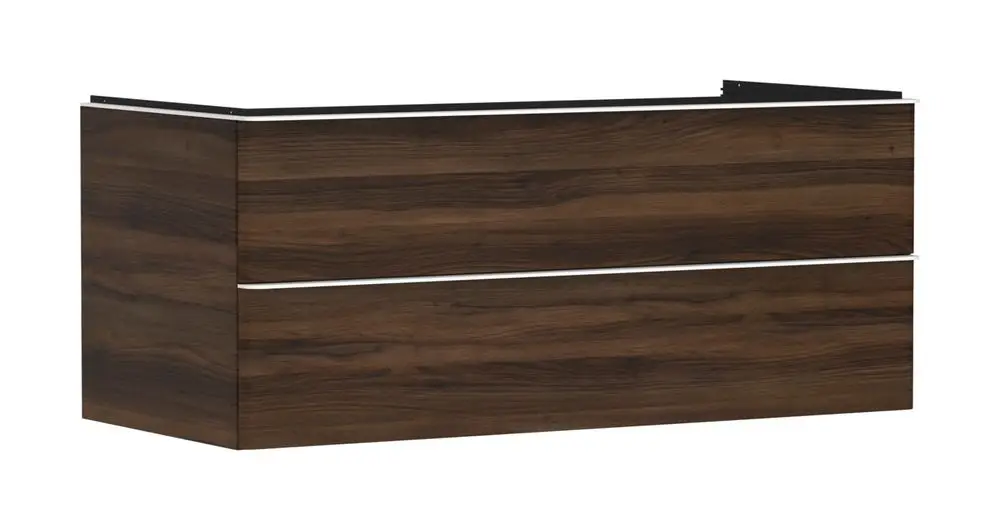 Waschtischunterschrank in dunkler Holzoptik mit zwei Schubkästen. Das Modell gehört zur Hansgrohe Xelu-Serie. Schlichte und funktionale Gestaltung für Badezimmermöbel.
